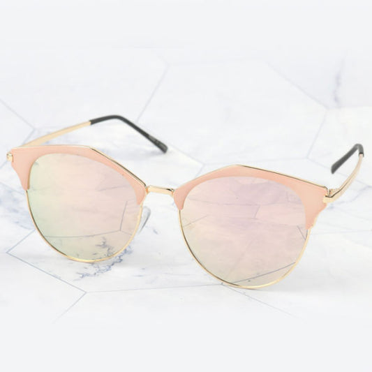 Women's gold-rimmed pink mirror sunglasses