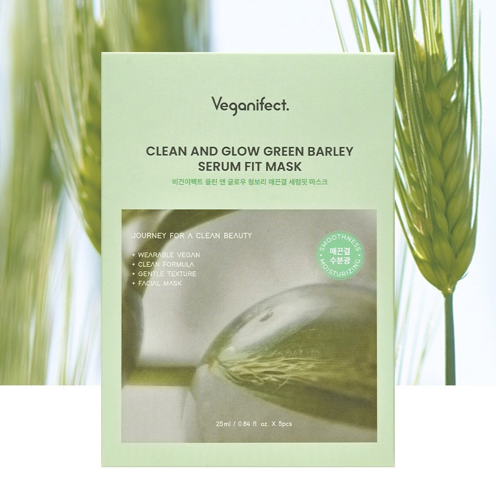 Veganifect Sensitive Skin Moist Hypoallergenic Skin Care Clean & Glow Green Barley Smooth Serum Fit Mask 5 sheets