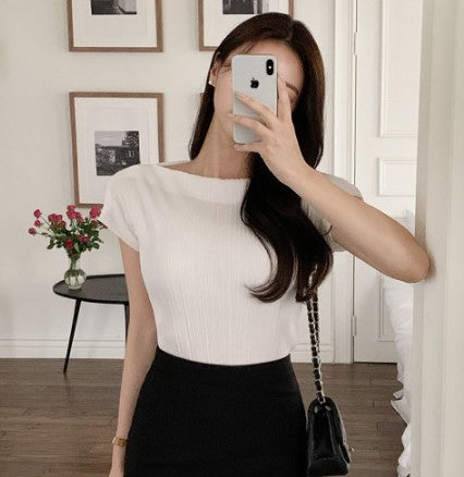 Attrangs Boat Neck Wrinkle Pleat Short-Sleeve Blouse