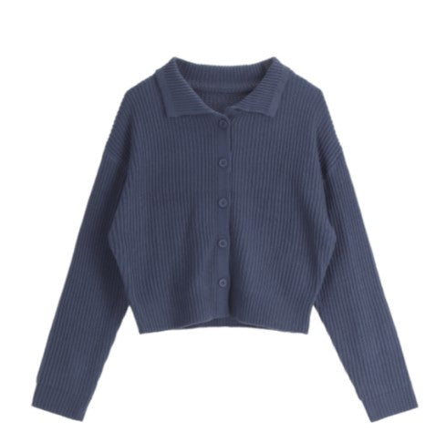 Attrangs Collar Neck Basic Button Ribbed Knit Cardigan