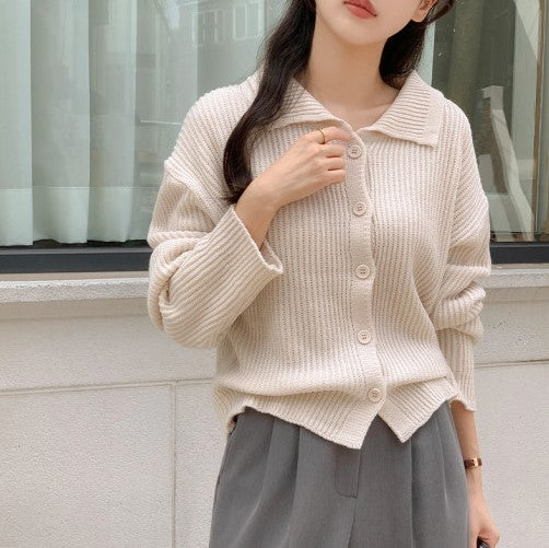 Attrangs Collar Neck Basic Button Ribbed Knit Cardigan