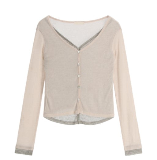 Attrangs Contrast Layered V-Neck Slim Cardigan