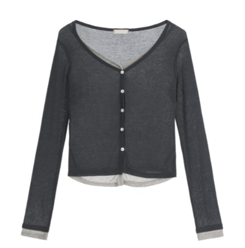 Attrangs Contrast Layered V-Neck Slim Cardigan