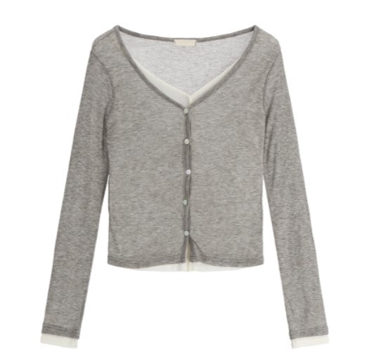 Attrangs Contrast Layered V-Neck Slim Cardigan