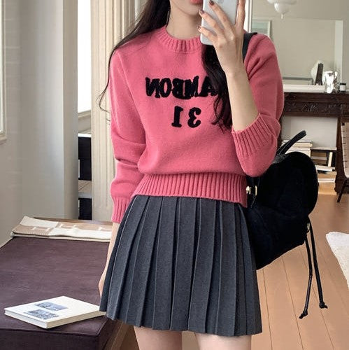 Attrangs Embroidered Lettering Round Neck Long-Sleeve Crop Knit