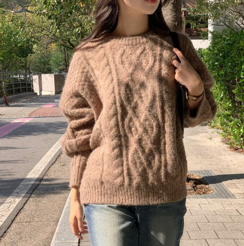 Attrangs Land Wool Cable Round Neck Loose-Fit Knit