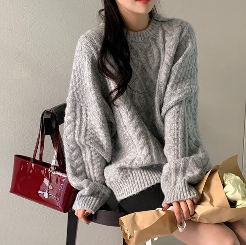 Attrangs Land Wool Cable Round Neck Loose-Fit Knit