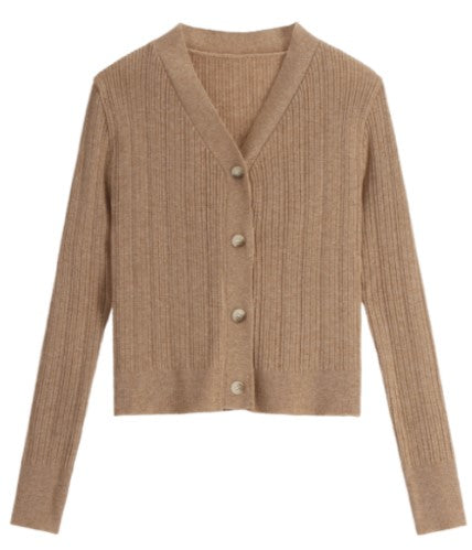 Attrangs Ribbed V-Neck Long Sleeve Knit Cardigan