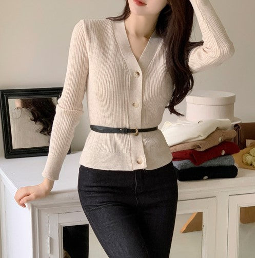 Attrangs Ribbed V-Neck Long Sleeve Knit Cardigan