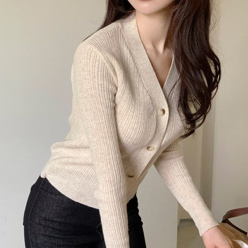 Attrangs Ribbed V-Neck Long Sleeve Knit Cardigan