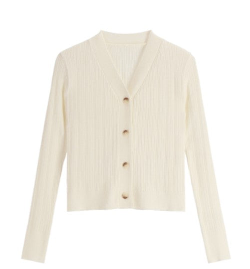 Attrangs Ribbed V-Neck Long Sleeve Knit Cardigan