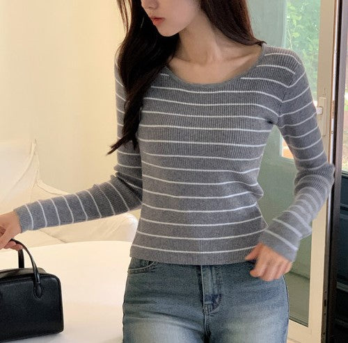 Attrangs Riddelo Stripe Ribbed Round Neck Long-Sleeve Knit