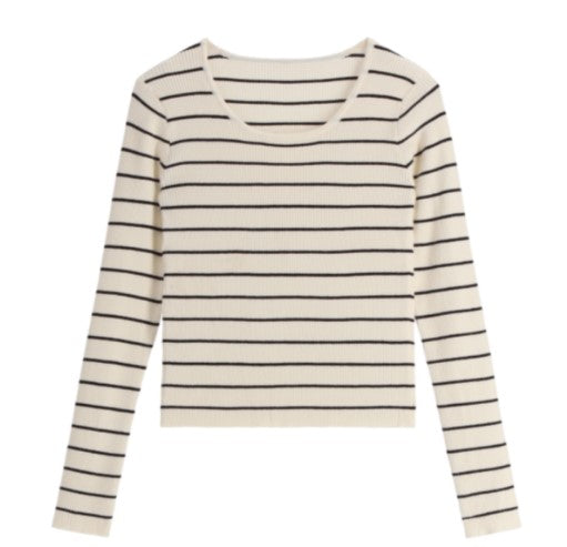 Attrangs Riddelo Stripe Ribbed Round Neck Long-Sleeve Knit