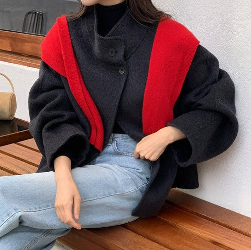 Attrangs Shoulder Knit Layered Muffler Cardigan