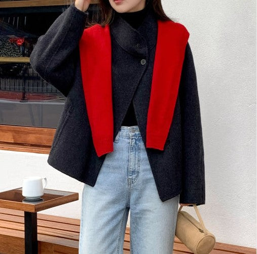 Attrangs Shoulder Knit Layered Muffler Cardigan