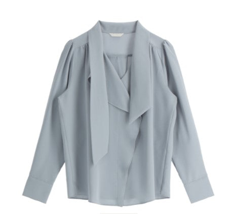 Attrangs V-neck Tie Puff Long-Sleeve Blouse