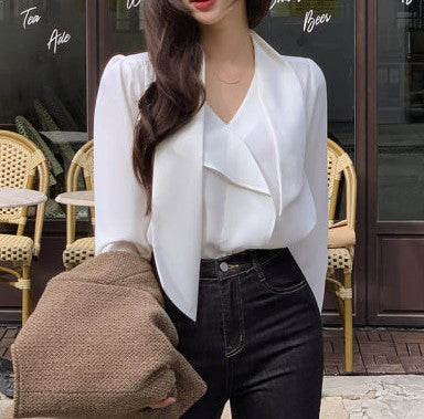 Attrangs V-neck Tie Puff Long-Sleeve Blouse