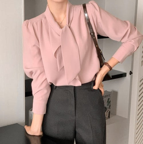 Attrangs V-neck Tie Puff Long-Sleeve Blouse