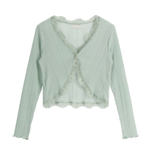 Attrangs Versailles Lace Frill Ribbed Cardigan