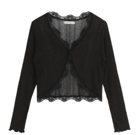 Attrangs Versailles Lace Frill Ribbed Cardigan