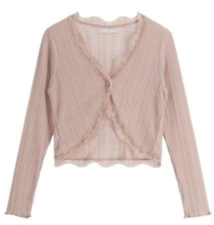 Attrangs Versailles Lace Frill Ribbed Cardigan