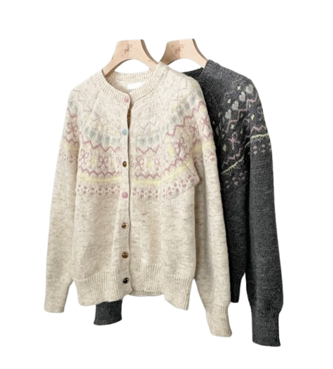 Peter And Wendy Pom Pom Ribbon Jacquard Cardigan