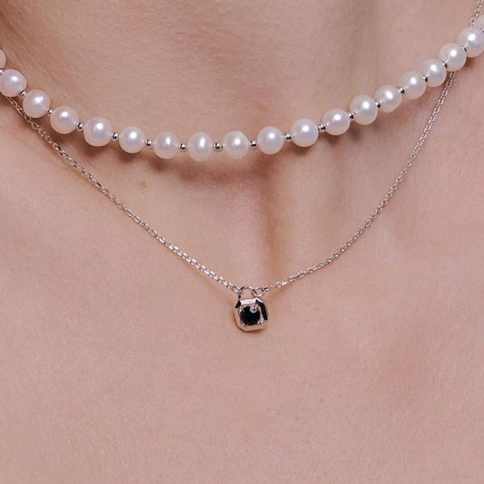 OST Simulated Diamond Square Lock Black Stone Necklace